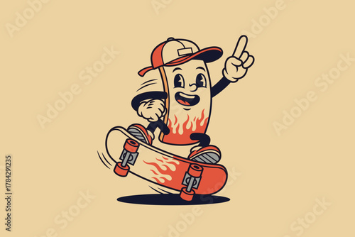 Cartoon Skateboard Character with Flames and Cap Pointing Up.