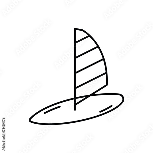 A line drawing of a windsurfer The board is oval The sail has horizontal stripes