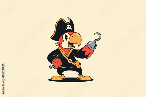 Cartoon Pirate Parrot with Hook Hand and Tricorne Hat.