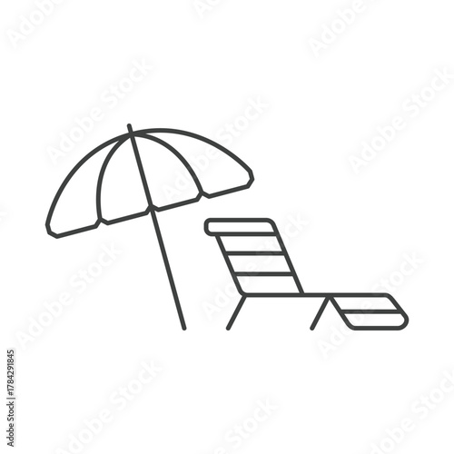 A lined drawing depicts a beach umbrella beside a reclined chair