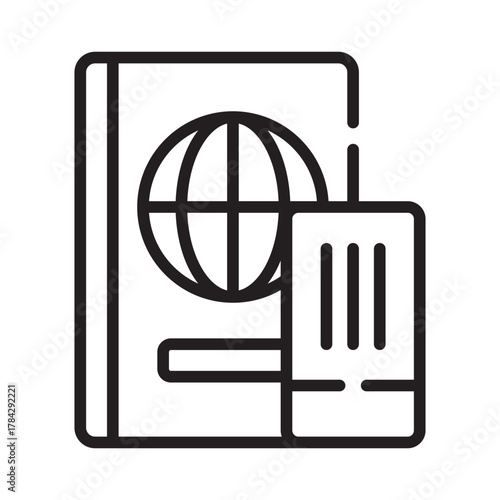 A passport outlined with a globe and a ticket with three lines