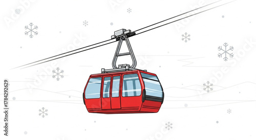 Red ski gondola with snowboarder in winter mountain illustration