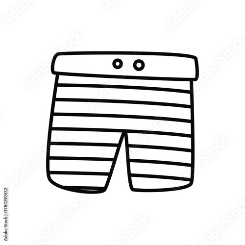 A simple line drawing of striped swim trunks with a thick waistband featuring two small circles