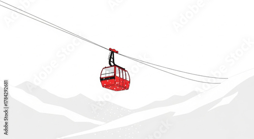 Snowboarder riding red cable car to mountain resort in winter season illustration