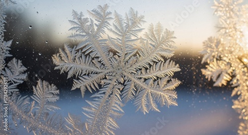 Golden sunrise on frosted window — macro shot of delicate snowflake patterns, ice crystals, winter background