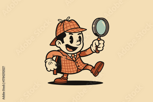 Retro cartoon detective character with magnifying glass investig