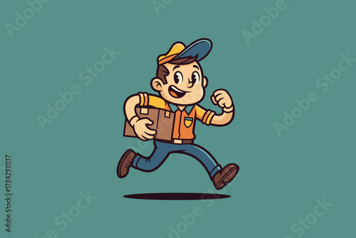 Energetic Delivery Man Running with Package Cartoon Illustration