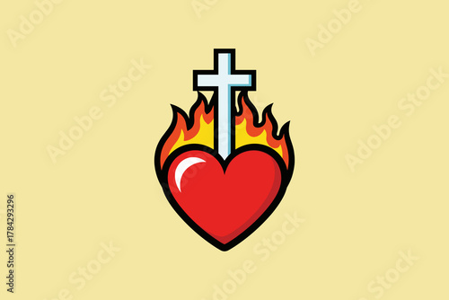 Sacred Heart with Cross and Flames Religious Symbol.
