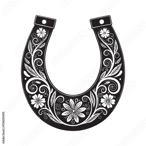 Decorative Horseshoe Vector with Floral Ornament – Black and White Lucky Charm Illustration