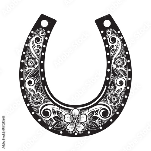 Decorative Horseshoe Vector with Floral Ornament – Black and White Lucky Charm Illustration