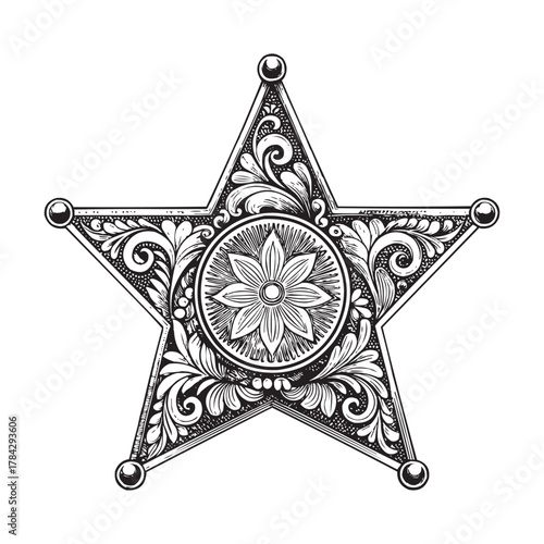 Decorative Sheriff Star Badge with Cowboy Silhouette – Vintage Western Vector Illustration