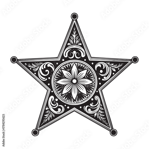 Decorative Sheriff Star Badge with Cowboy Silhouette – Vintage Western Vector Illustration