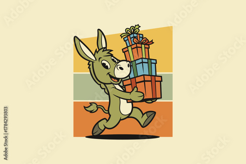 Happy Donkey Carrying a Stack of Gift Boxes.