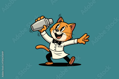 Happy cartoon cat bartender shaking a cocktail mixer with enthus