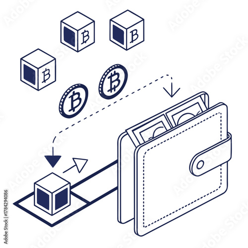 Cryptocurrency transfer to wallet with bitcoin elements art