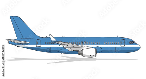 Side view of a blue and white passenger airplane on display