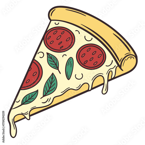 Illustration of a slice of pepperoni pizza with basil leaves
