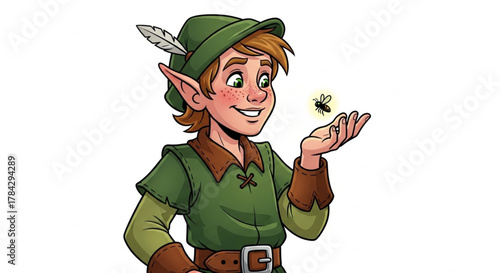 Cartoon fantasy elf in green hat with holly leaves illustration