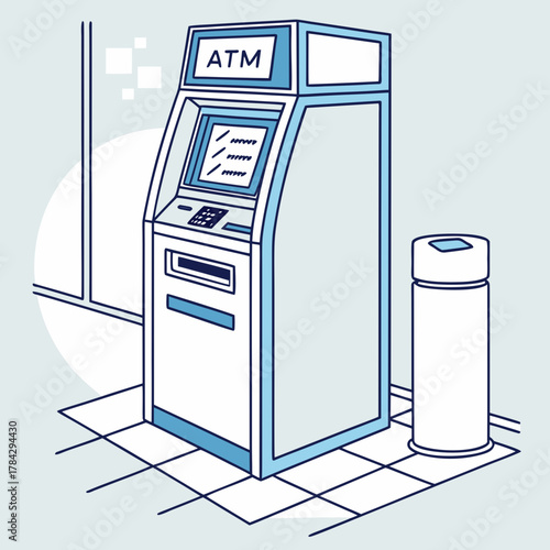 Illustration of an atm machine and a trash can indoors area