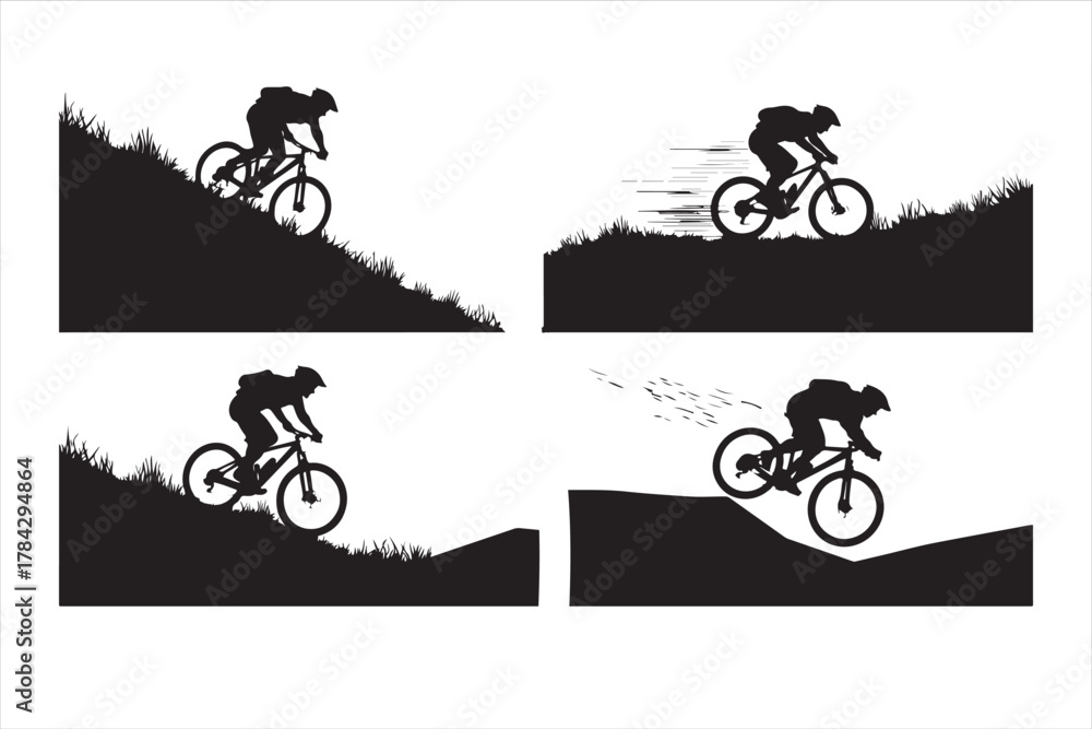 Obraz premium Mountain Biker Silhouette Set - Downhill Extreme Sport Action Vector Graphic