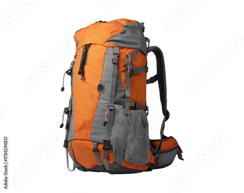 Vibrant Orange and Grey Hiking Backpack Ready for Adventure isolated on transparent background