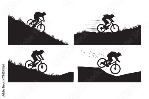 Mountain Biker Silhouette Set - Downhill Extreme Sport Action Vector Graphic
