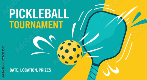Fun, modern vector poster for a pickleball tournament. Abstract pickleball paddle and ball with dynamic 'pop' and 'swoosh' elements. Bright, playful color palette (teal, yellow, white).