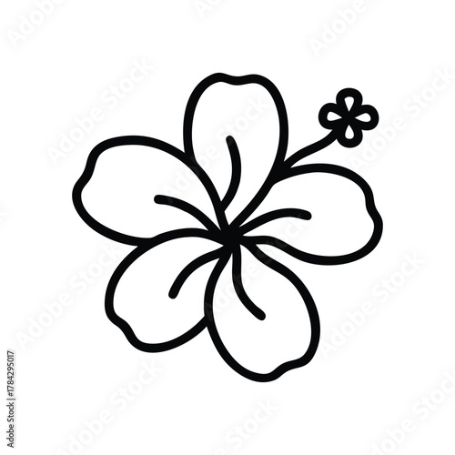 Black line art hibiscus flower graphic on white background Petals stamen pistil and stem are visible
