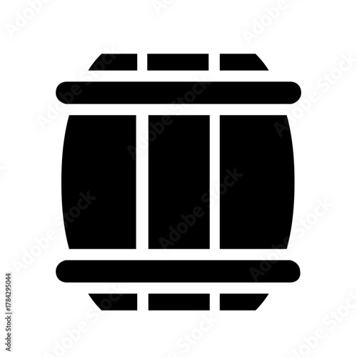 Simple black barrel silhouette with horizontal bands and rounded wood shape. Vintage storage container symbol ideal for brewery, wine cellar, whiskey branding, and storage themes.
