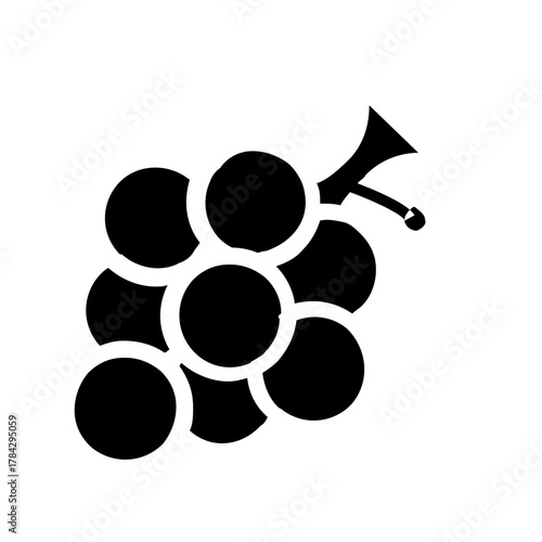 Black silhouette icon of a grape bunch with stem, showing clustered fruit shapes. Clean and bold symbol for vineyards, organic produce, wine labels, and healthy food concepts.