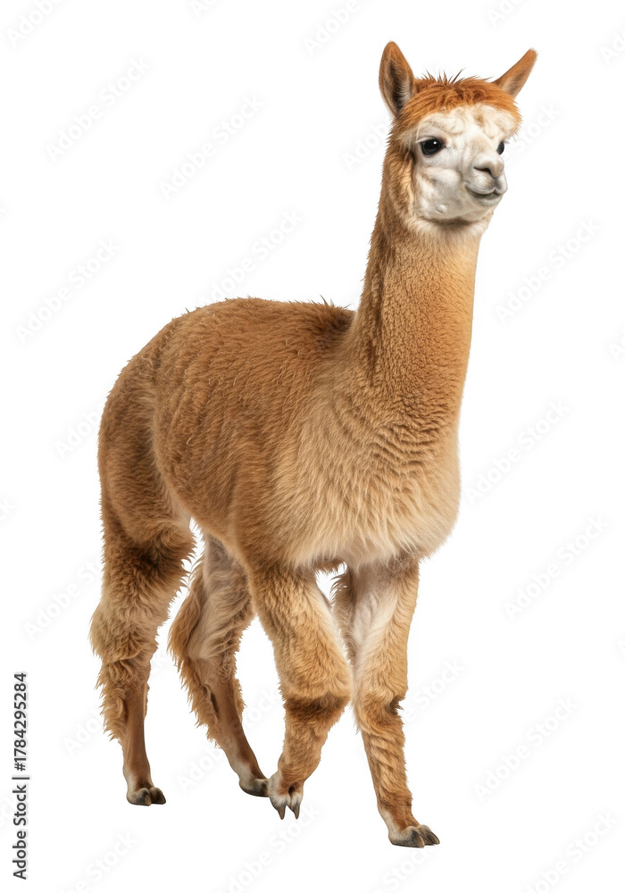 Obraz premium Full body alpaca walking cute animal mammal fluffy wool south american camelid isolated on transparent background