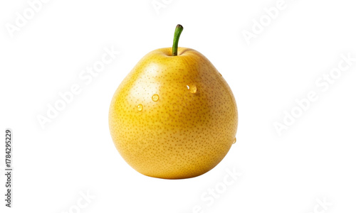 Close-up of a ripe, yellow Asian pear with a short stem and water droplets on its skin, isolated on white.