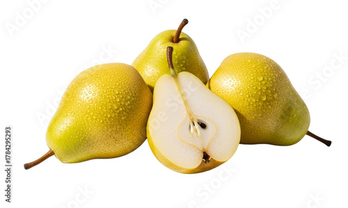 A close-up studio shot of four ripe yellow pears, with one pear cut in half to reveal its juicy white flesh and seeds.