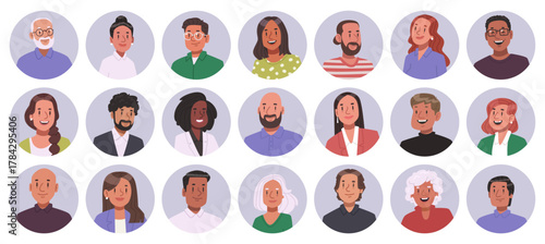 Set of business avatars a men and women. Portraits of business people in a circle. Vector illustration