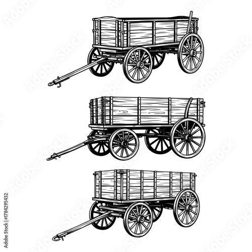 Set of Old Wooden Farm Wagons in Engraving Style