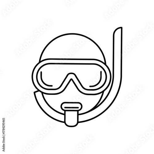 Head wearing scuba diving mask and snorkel front view black outline on white