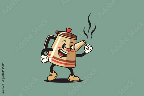 Retro Cartoon Teapot Character with Steaming Spout and Happy Exp