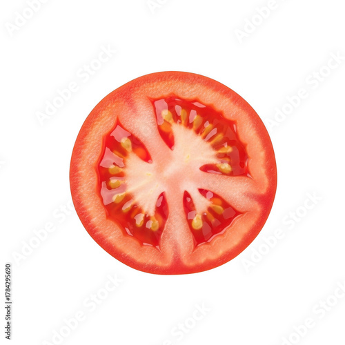 Detailed close-up of a sliced red tomato showing seeds and texture, perfect for culinary projects and design elements isolated on transparent background