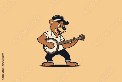Happy Cartoon Bear Playing Banjo with Enthusiasm and Joyful Expr