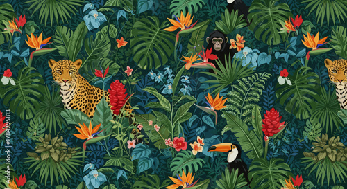 Tropical jungle seamless pattern with leopard monkey and palm leaf vector illustration