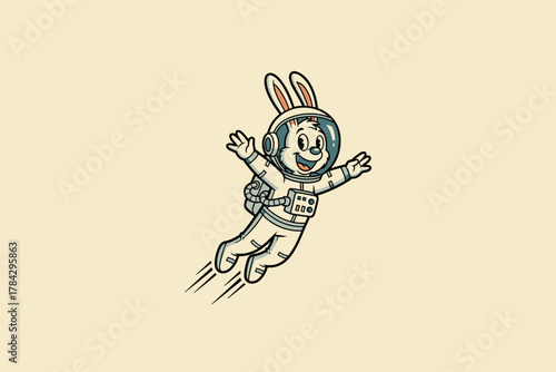 Happy Astronaut Rabbit Floating in Space Adventure.