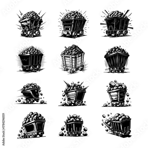 Set of Mine Carts Full of Coal or Ore Black and White Icons
