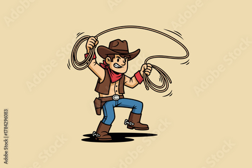 Energetic Cartoon Cowboy with Lasso Ready for Action.