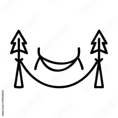 Line art Hammock strung between stylized pine trees