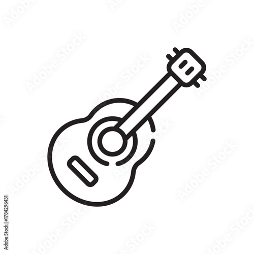 Line drawing of a ukulele with its body soundhole neck and headstock clearly outlined in black