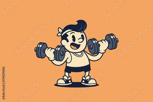 Retro Cartoon Man Lifting Dumbbells with a Determined Smile.