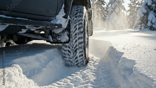 Vehicle Tire Driving Through Deep Snow Covered Road with Forest Background in Winter Season With Dramatic Lighting and Snow Spraying Detail