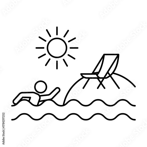 Outlined image of a person swimming near a beach chair and sun