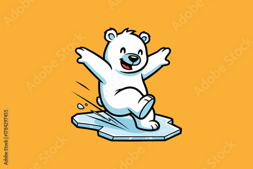 Happy Polar Bear Playing on Ice Floe Cartoon Illustration.