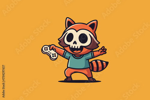 Cute Raccoon Character with Skull Face Holding Game Controller.